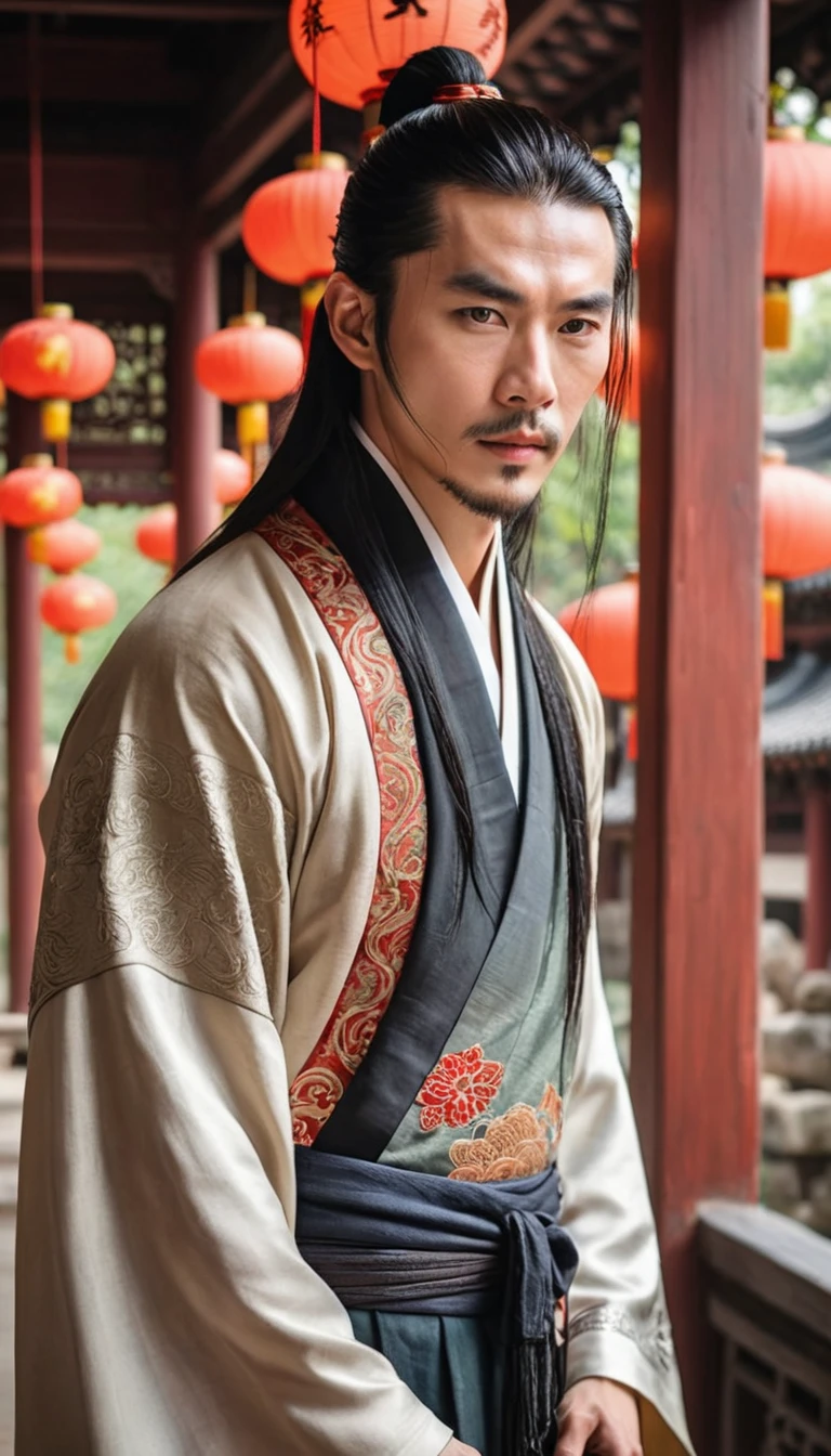Photorealistic, super-high quality, masterpiece, extreme details, an insanely handsome Chinese actor with long black hair, solo, Hanfu, ancient Chinese architecture, Zen entanglement, Mandala, Tangled, super detailed.