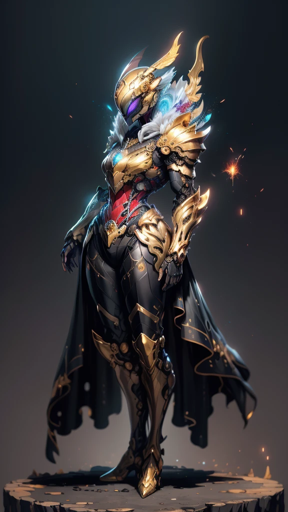 A woman adorned in fantasy-style full-body armor, a crown-concept fully enclosed helmet that unveils only her eyes, a composite layered chest plate, fully encompassing shoulder and hand guards, a lightweight waist armor, form-fitting shin guards, the overall design is heavy-duty yet flexible, (the armor gleams with a golden glow, complemented by red and blue accents), exhibiting a noble aura, she floats above a fantasy-surreal high-tech city, this character embodies a finely crafted fantasy-surreal style armored hero in anime style, exquisite and mature manga art style, (mixture of Queen bee and Spider concept Armor, plasma), ((Element, elegant, goddess, femminine:1.5)), metallic, high definition, best quality, highres, ultra-detailed, ultra-fine painting, extremely delicate, professional, anatomically correct, symmetrical face, extremely detailed eyes and face, high quality eyes, creativity, RAW photo, UHD, 32k, Natural light, cinematic lighting, masterpiece-anatomy-perfect, masterpiece:1.5