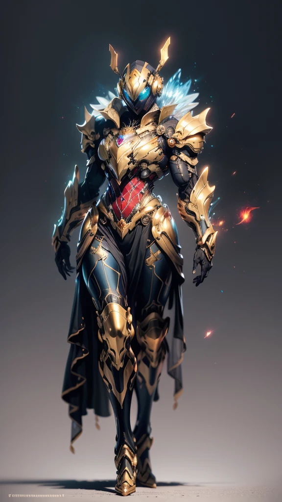 A woman adorned in fantasy-style full-body armor, a crown-concept fully enclosed helmet that unveils only her eyes, a composite layered chest plate, fully encompassing shoulder and hand guards, a lightweight waist armor, form-fitting shin guards, the overall design is heavy-duty yet flexible, (the armor gleams with a golden glow, complemented by red and blue accents), exhibiting a noble aura, she floats above a fantasy-surreal high-tech city, this character embodies a finely crafted fantasy-surreal style armored hero in anime style, exquisite and mature manga art style, (mixture of Queen bee and Spider concept Armor, plasma), ((Element, elegant, goddess, femminine:1.5)), metallic, high definition, best quality, highres, ultra-detailed, ultra-fine painting, extremely delicate, professional, anatomically correct, symmetrical face, extremely detailed eyes and face, high quality eyes, creativity, RAW photo, UHD, 32k, Natural light, cinematic lighting, masterpiece-anatomy-perfect, masterpiece:1.5