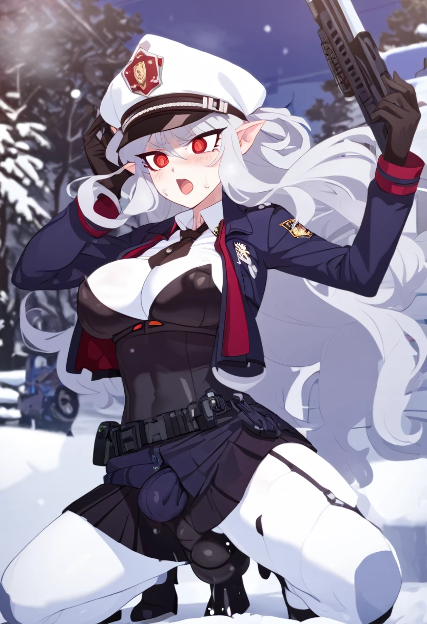 NSFW,((Perfect human body)),One girl, Red eyes, Wavy silver hair, Pointed Ears, vampire, Drooping eyes,Police uniform,Serious expression,Police hat,skirt,Mobile Task Force Equipment,Big Breasts,Hair Flowers, snow, ice, whole body,Ready a rifle,bulge in the crotch
