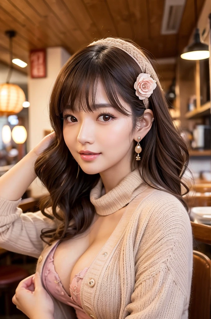 Family restaurant parking lot, full-time housewife, ((full body)), ((photo)), ((best qualtiy, 8K, tmasterpiece:1.3)), Focus:1.2, perfect figure beautiful girl:1.4, 1girl, cowboy shot, look at viewer, incredibly absurd, beautiful and cute girl with a photorealistic face, showcasing top-quality craftsmanship, Japanese woman eating at a family restaurant, 21 years old, medium-long brown hair, parted in the middle with curls at the ends, bangs cut above the eyes, naturally rounded hairline, large chocolate brown eyes, long eyelashes, pinky lips, slightly high nose, oval face, fine skin, plump cheeks, soft chin, gentle smile, glamorous, fair skin, large buttocks, beautiful D-cup breasts, beige dress, pink cardigan, floral scarf, earrings, hair accessory, pretty older woman, beautiful, glamorous, gentle, attentive, passionate, curious, loves to talk, September