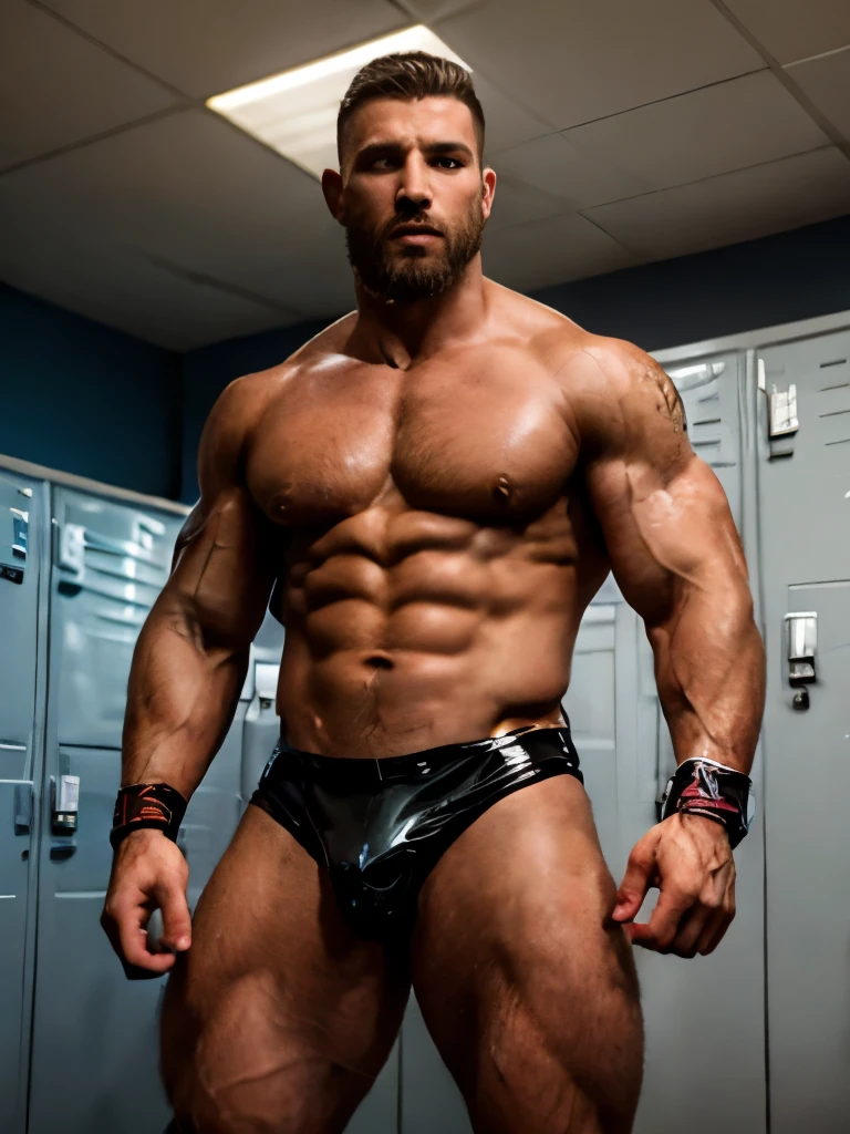 a muscular shaved wrestler with beard, wearing a black latex wrestler suit, highly detailed, hyperrealistic, 8k, masterpiece, chiaroscuro lighting, dramatic shadows, hyper detailed musculature, veiny skin, glistening sweat, intense expression, vibrant colors, alone in a locker room gym