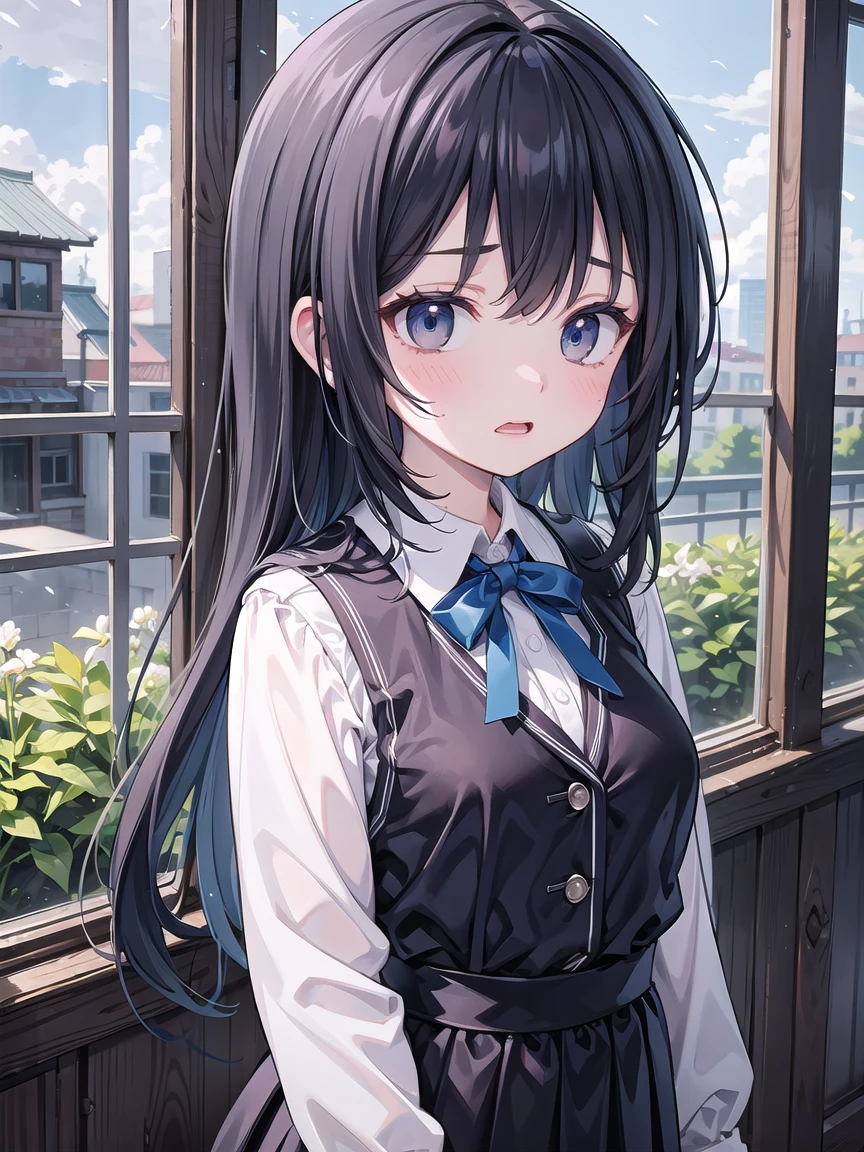 ((masterpiece, best quality, high quality, Very detailed CG uniform 8k wallpaper, Very detailed, Very detailed background)), classroom, Windows, Sunlight, Delicate eyes, Sunlight, Shiny hair, Glowing skin, ((1 Girl, Middle School, Black Hair, black eyes, White shirt, Blue vest, Ribbon, Standing)), (((Shy, blush, flurry, flushed, nervous, open mouth, Look away)))