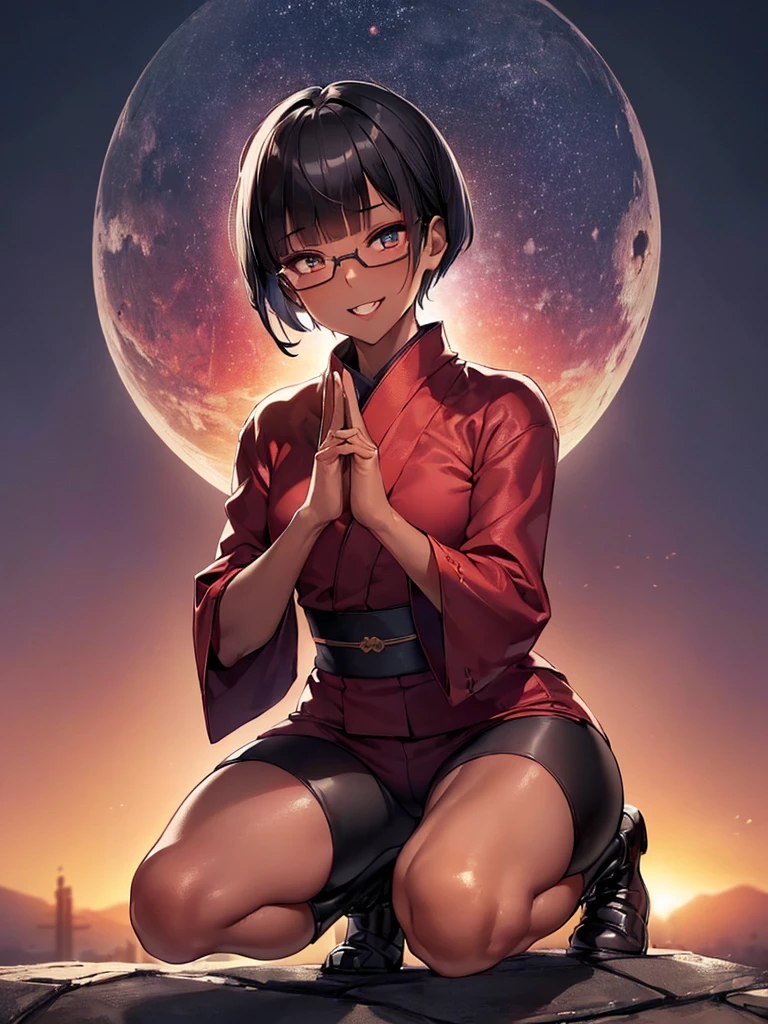 (flat chest:), (masterpiece:1.2), highest quality, High resolution, unity 8k wallpaper, (fine and beautiful eyes:1.6), highly detailed face, perfect lighting, Detailed CG, (perfect hands, perfect anatomy), (1 boy solo:1.4), 20 years old, black hair, extremely beautiful detailfeminine face and eyes, (evil smile:1.4), detailed eyes, best quality,( dark skin:1.8), (turtleneck shirt under yukata:1.2), (bike shorts:1.2), extremely detailed, very precise detailed, (glasses:1.3), blunt bangs, open mouth, (very short pixie cut:1.2), boots,fingerless gloves, smile, half closed eyes, ,(on kawara roof),night sky, ,long sidelocks,(long red Scarf),(yukata),(squatting), ears,(acrobat pose:1.3),(squat:1.3),leaning forward,(one knee dwon:1.5),(Put one foot in front:1.3),(stylish pose:1.4),(2 legs:1.9),(arm up:1.4),(Raise index finger)