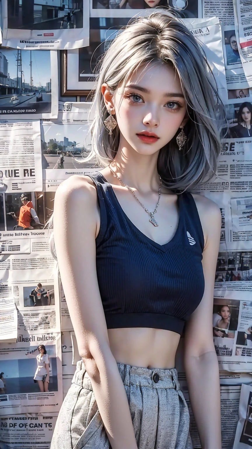 1 Girl,Solitary,permanent,(White|blue|slope_hair),Jewelry,earrings, necklace,{JK}, Newspaper wall,Medium breasts,Clothes Writing,, Extremely detailed, 8k wallpaper, Very detailed, best quality,Sportswear,Julia
