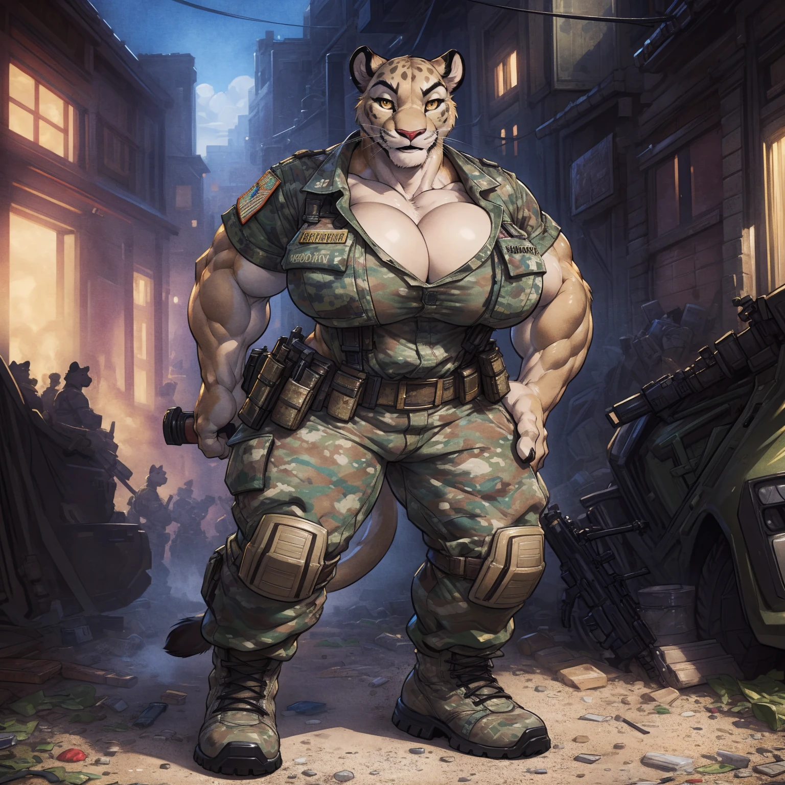 solo, 1girl, lioness, female, buff, muscular, huge breasts, gold eyes, highly detailed eyes, Amazon, wearing camouflage_uniform, (urban uniform:1.2), military camp, rolled sleeves, shirt, trousers, cleavage, standing upright, combat boots, full body, smiling, friendly, looking at viewer, realistic lighting, by darkgem, by wfa, by bng,