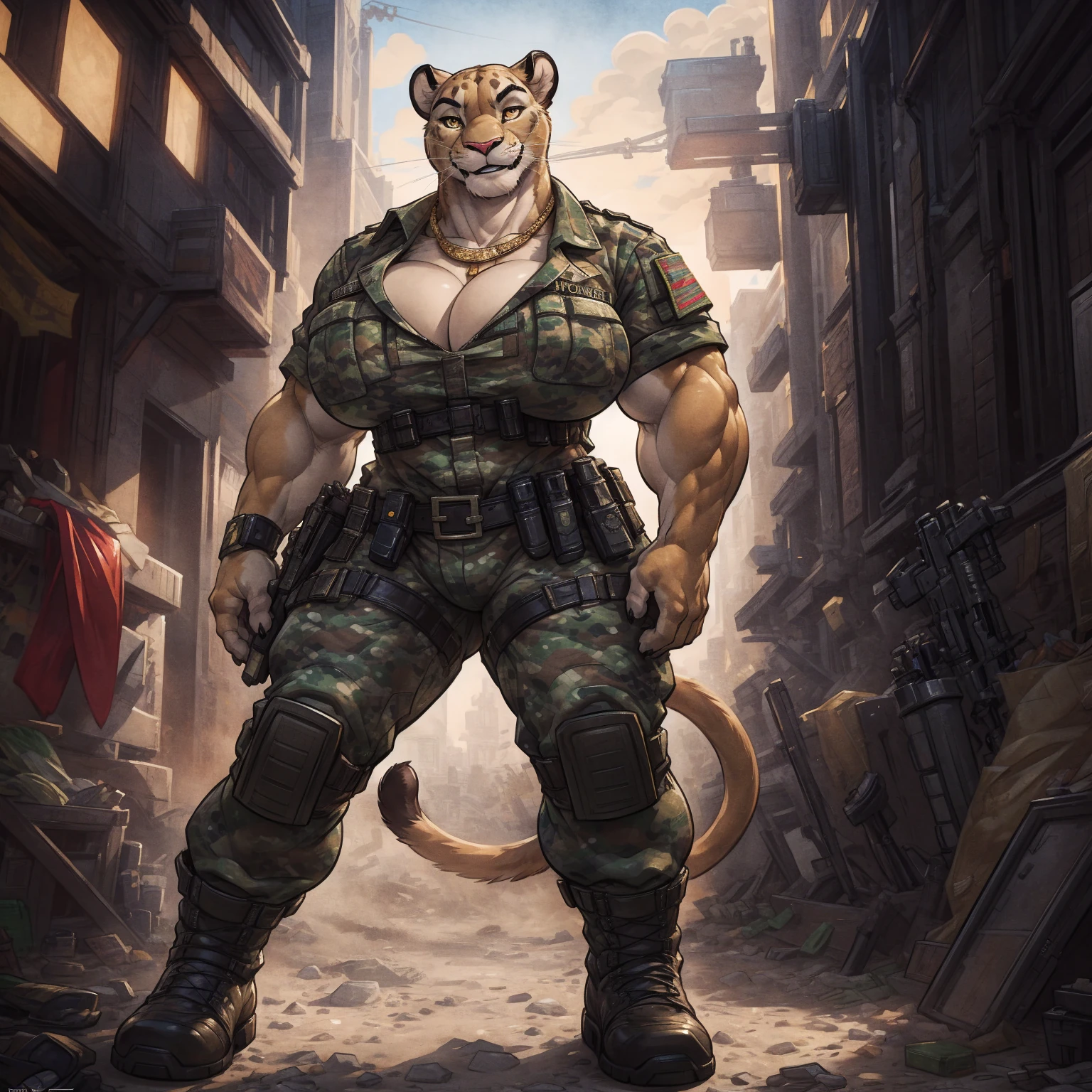 solo, 1girl, lioness, female, buff, muscular, huge breasts, gold eyes, highly detailed eyes, Amazon, wearing camouflage_uniform, (urban uniform:1.2), military camp, rolled sleeves, shirt, trousers, cleavage, standing upright, combat boots, full body, smiling, friendly, looking at viewer, realistic lighting, by darkgem, by wfa, by bng,