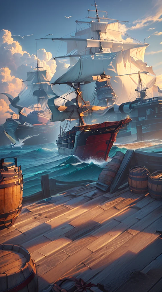 A ship floating on the sea，Barrels and scattered reins were neatly placed on the wooden deck.，In the distance, two ships are floating on the rough sea.，An island in the distance，There is also blue sky, white clouds and seagulls，Natural light，High-definition quality，High-quality posters，
