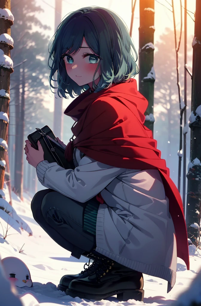 akanekurokawa, akane kurokawa, bangs, (Green Eyes:1.3), Blue Hair, Medium Hair, dark Blue Hair,smile,blush,White Breath,
Open your mouth,snow,Ground bonfire, Outdoor, boots, snowing, From the side, wood, suitcase, Cape, Blurred, , forest, White handbag, nature, Squat, Mouth closed, Cape, winter, Written boundary depth, Black shoes, red Cape break looking at viewer, Upper Body, whole body, break Outdoor, forest, nature, break (masterpiece:1.2), Highest quality, High resolution, unity 8k wallpaper, (shape:0.8), (Beautiful and beautiful eyes:1.6), Highly detailed face, Perfect lighting, Highly detailed CG, (Perfect hands, Perfect Anatomy),