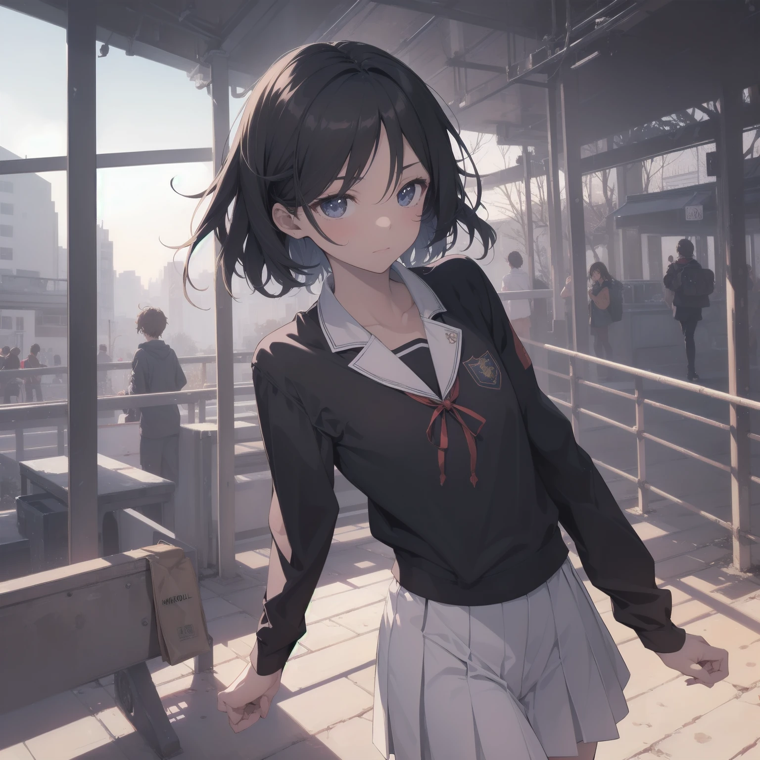 ultra-absurdres-Top quality by artist God, ultra-detailed, high resolution, anime moe artstyle, best anime 8k konachan wallpaper, pixiv contest winner, pool:2810, perfect anatomy,break, 1girl, (Please draw a girl walking sleepily to school alone. )break,(Solo,little female, -yeld:1.Full limbs, complete fingers,a junior hihort hair), short cut, flat chest, , small butt, small black eyes, beautiful detailed eyes, well-proportioned iris and pupils, expressive eyes, highres detailed hair, soft expression, salor school_uniform, sailor collar, serahuku, bow, pleated skirt,(Detailed Lighting), (Detailed background), in the School commute route. break,super detailed skin, Best cinematic lighting powered by famous artist, 8k,beauty illustration,photoshop_(medium),very aesthetic,break,((artist:neocoill )), artist:clamp ,artist:carnelian ,artist:kantoku ,