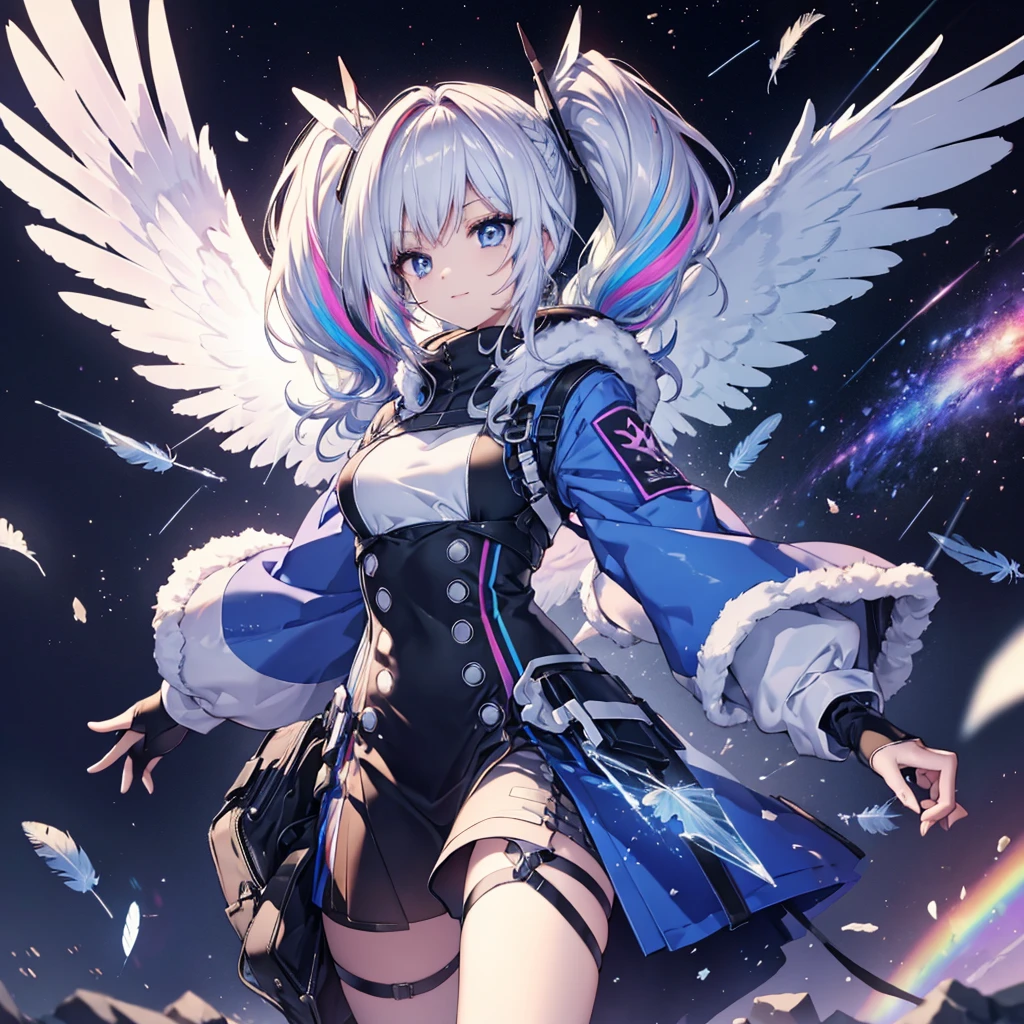 ((Archangel　Fantasy　Rainbow Hair　Make your hair rainbow-colored on the inside　Twin tails　Dull blue eyes　Has a galaxy　uniform　Put on a coat without putting your arms through it　Wings many times larger than mine　rainbow gradient feathers　Glass Feather　Pillar of Light　cyber punk　Smiling Kindly　front))　((tears　gloves))　(Broken glass　Rolling Pebbles　Distorted Space-Time　star)　Catch the wind　milky way　Shining Background　Particles of light, rainbow colored edges　Shining Edge　star
