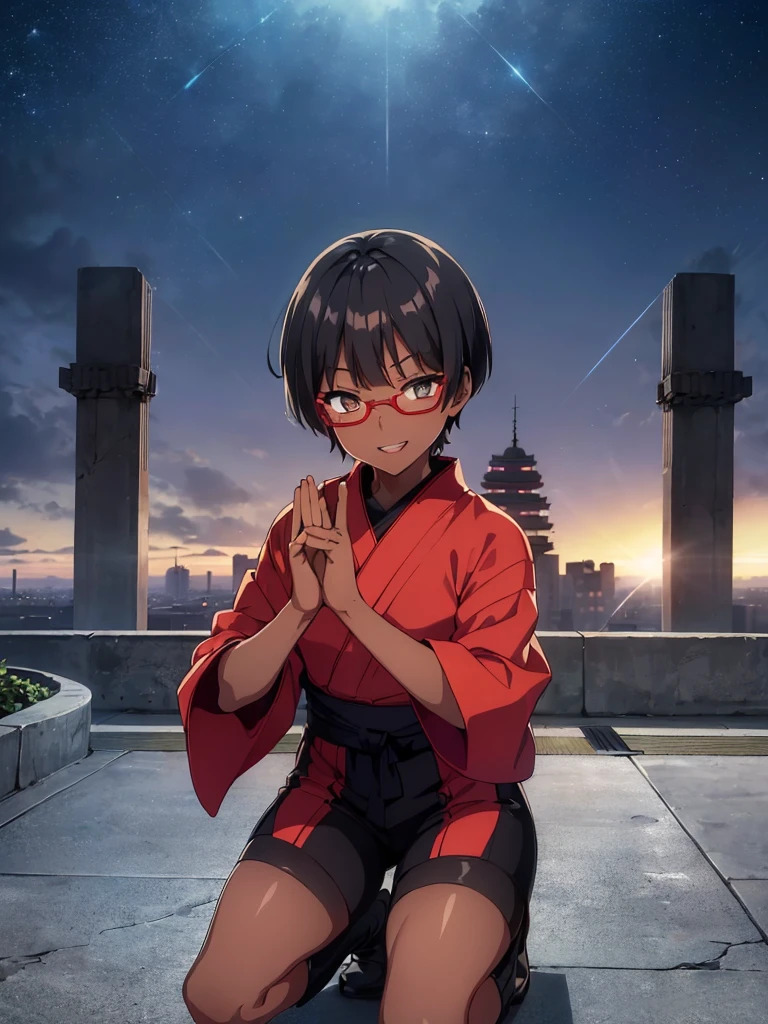 (flat chest:), (masterpiece:1.2), highest quality, High resolution, unity 8k wallpaper, (fine and beautiful eyes:1.6), highly detailed face, perfect lighting, Detailed CG, (perfect hands, perfect anatomy), (1 boy solo:1.4), 20 years old, black hair, extremely beautiful detailfeminine face and eyes, (evil smile:1.4), detailed eyes, best quality,( dark skin:1.8), (turtleneck shirt under yukata:1.2), (bike shorts:1.2), extremely detailed, very precise detailed, (glasses:1.3), blunt bangs, open mouth, (very short pixie cut:1.2), boots,fingerless gloves, smile, half closed eyes, ,(on kawara roof),night sky, ,long sidelocks,(long red Scarf),(yukata),(squatting), ears,(acrobat pose:1.3),(squat:1.3),leaning forward,(one knee dwon:1.5),(Put one foot in front:1.3),(stylish pose:1.4),(Raise middle fingers:1.5),(Joining hands in prayer:1.8)