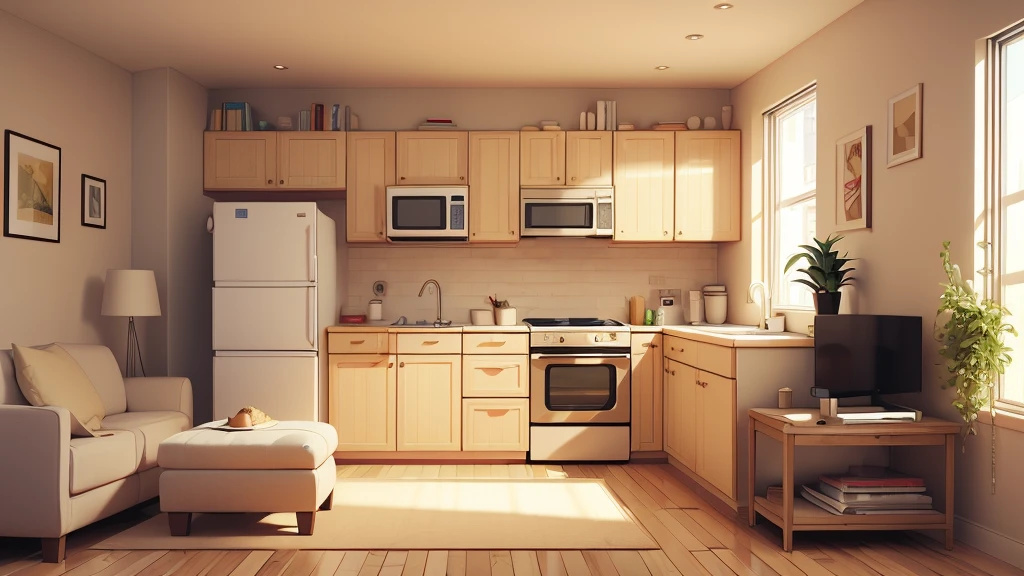 A small, neatly organized apartment with beige walls. The scene should include a single slice of toast on a plate, buttered to an exact specification. Nearby, a beige refrigerator hums softly. There should be stacks of perfectly filed invoices and a limp salad chopped into uniform squares, symbolizing the precise and mundane routine of Reginald’s life.