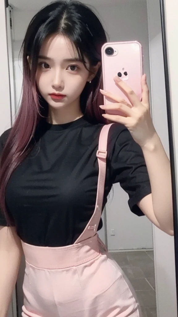 a beautiful girl, selfie pose, in front of the mirror, holding a cellphone, wearing a black t-shirt, pink hair, ultra detail, angry facial expression