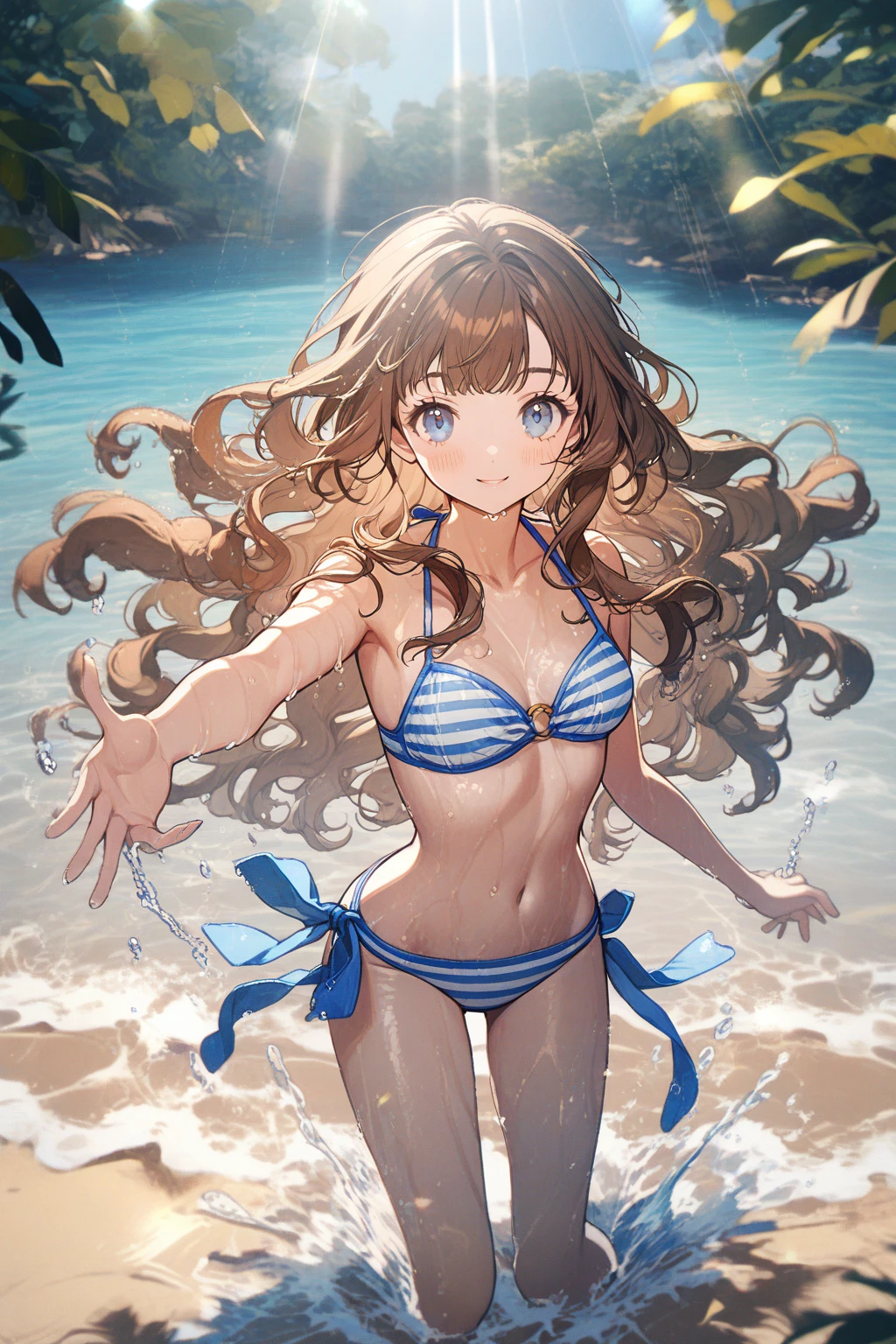 1 girl, CuteStyle, blue eyes, brown hair, long hair with bangs, dressed in a bikini, striped bikini with yellow and blue, standing on the seashore, water, splashing water, drops of water, flowing hair, day, light, rays of the sun, sand, detailed, beautiful, medium chest, neckline, looks at the viewer, smile, blush, wet body, dynamic, gentle tones