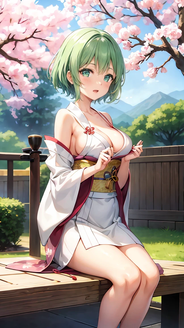 Girl with short green hair, Small , Green Eyes, White Casual Wear Beauty Special、(((tits)))l body photo from head to toe、Kimono、Patterned Japanese clothing、Cherry tree in full bloom、Fluttering petals、、Graceful Manners、Playing the shamisen、Playing in a Japanese-style room、play a sound、Japanese Instruments、Play a musical instrument