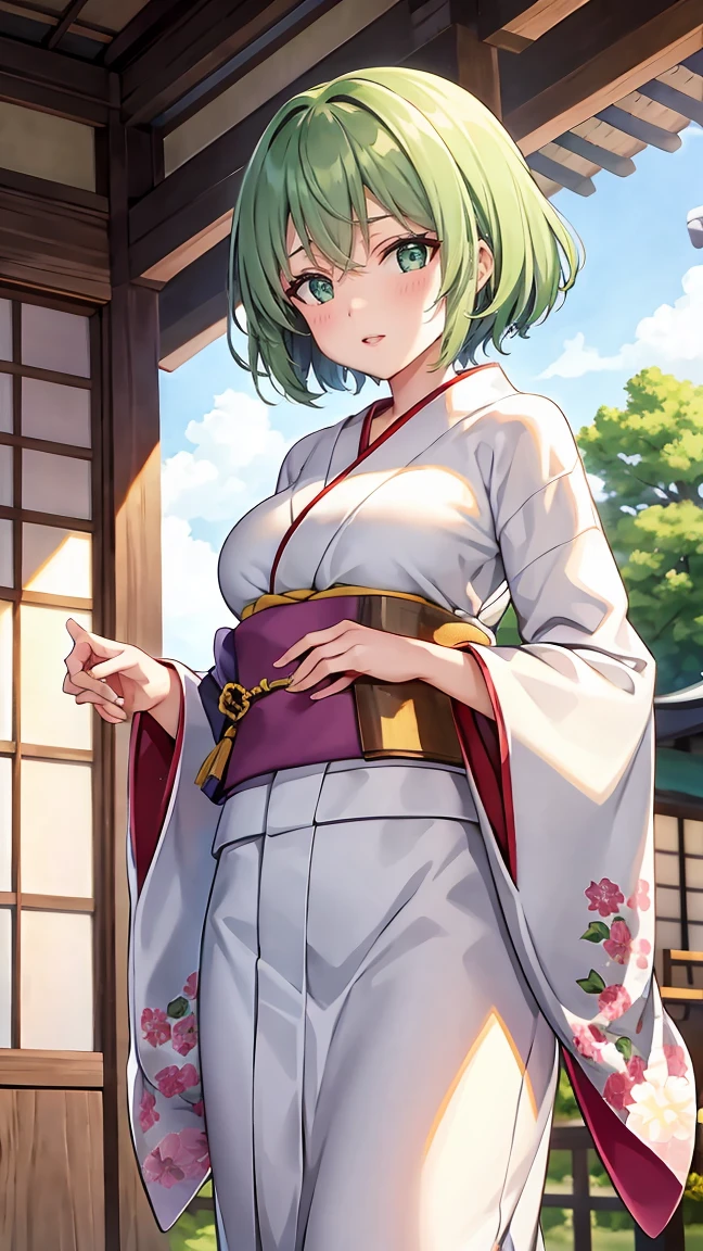 Girl with short green hair, Small breasts, Green Eyes, White Casual Wear Beauty Special、(((tits))),Full body photo from head to toe、Kimono、Patterned Japanese clothing、Cherry tree in full bloom、Fluttering petals、、Graceful Manners、Playing the shamisen、Playing in a Japanese-style room、play a sound、Japanese Instruments、Play a musical instrument
