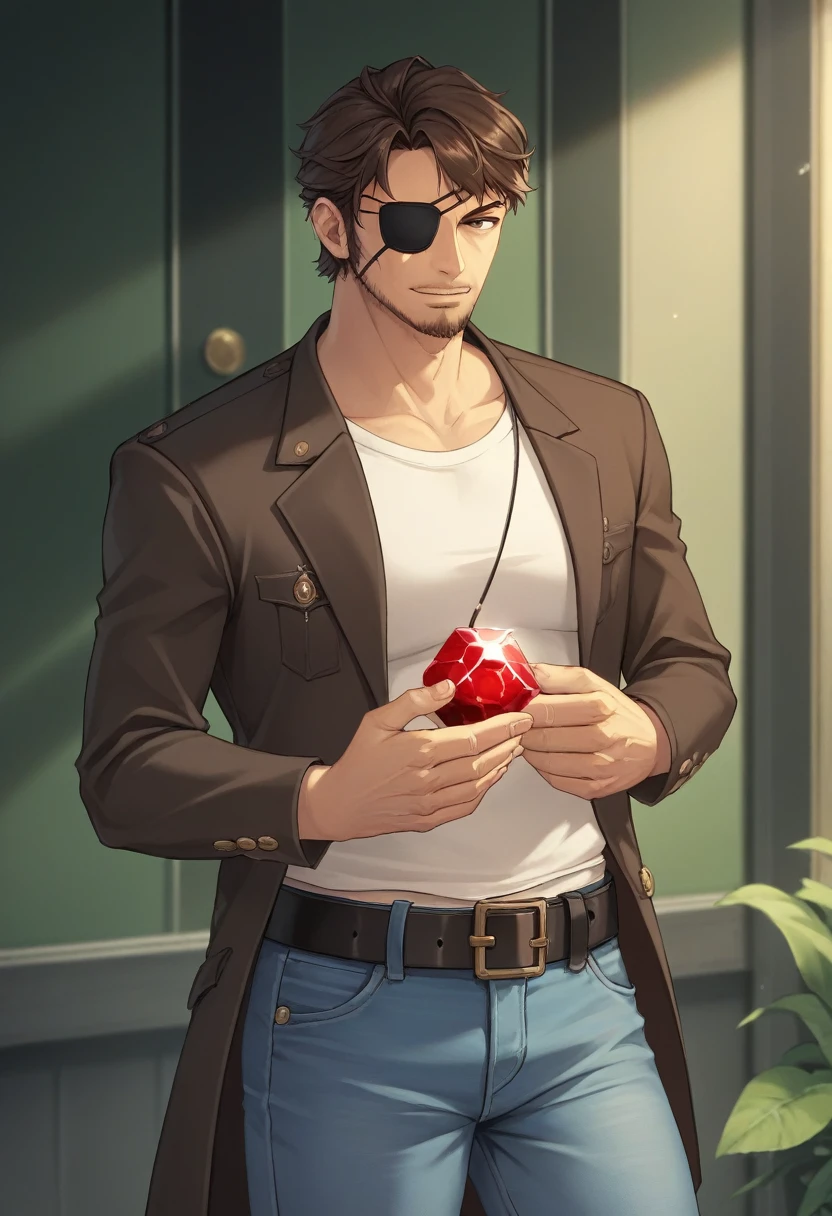 score_9, score_8_superior, score_7_superior, sauce_Anime BREAK Jero Ansen, Mature Men, Brown Hair, black eye, Facial hair, Brown jacket, belt, Light blue jeans, indoor, Are standing, Casual wear,A metal eyepatch with a jewel set in the center