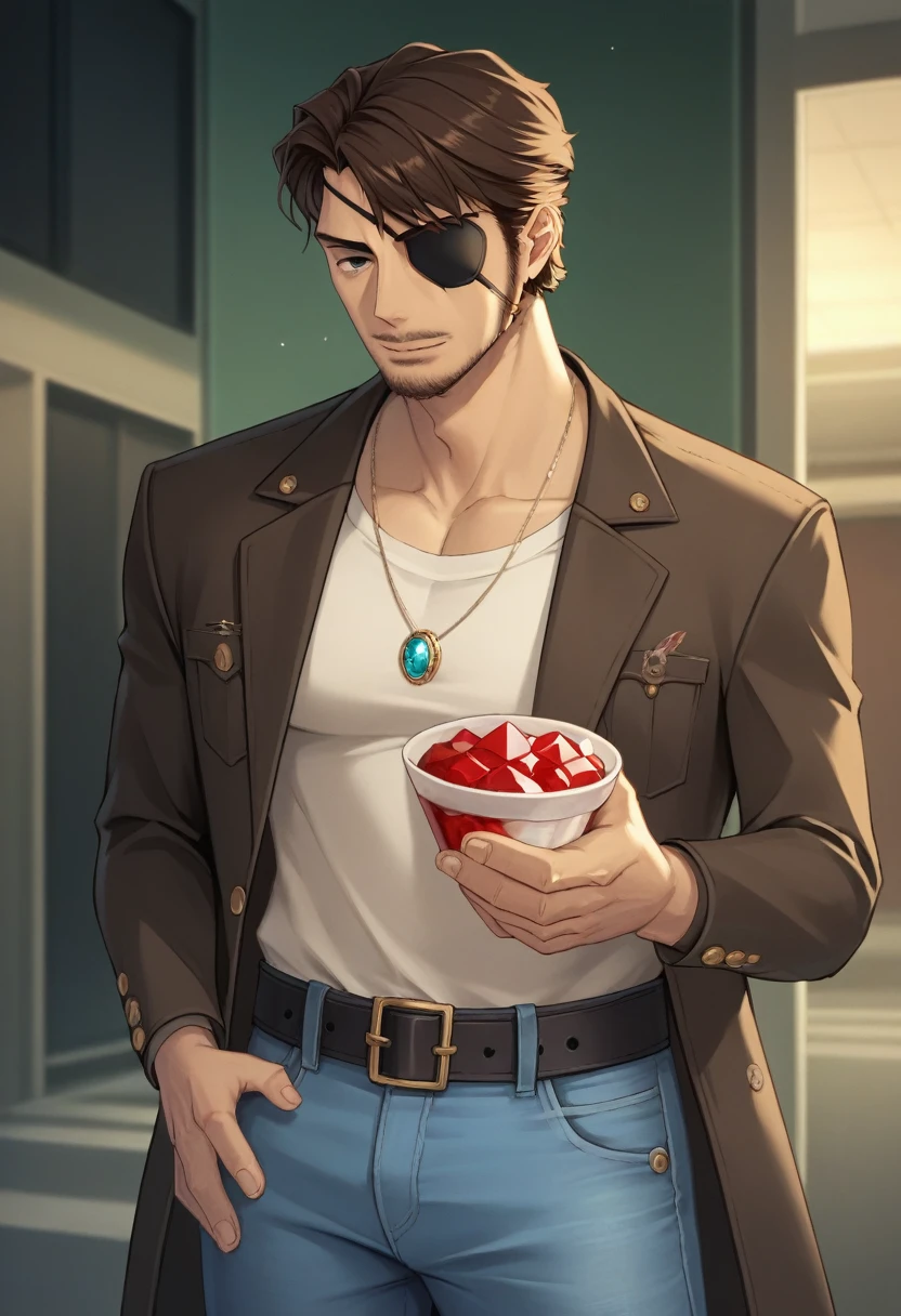 score_9, score_8_superior, score_7_superior, sauce_Anime BREAK Jero Ansen, Mature Men, Brown Hair, black eye, Facial hair, Brown jacket, belt, Light blue jeans, indoor, Are standing, Casual wear,A metal eyepatch with a jewel set in the center