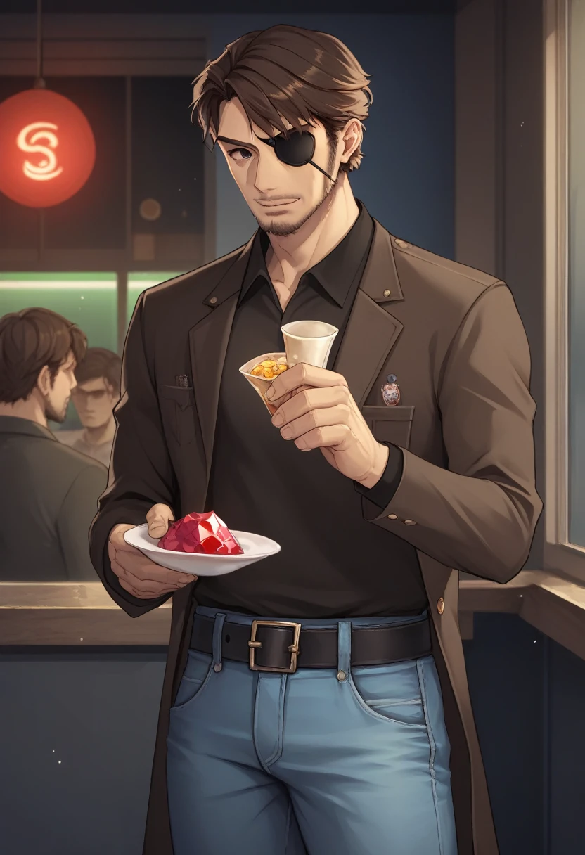 score_9, score_8_superior, score_7_superior, sauce_Anime BREAK Jero Ansen, Mature Men, Brown Hair, black eye, Facial hair, Brown jacket, belt, Light blue jeans, indoor, Are standing, Casual wear,A metal eyepatch with a jewel set in the center