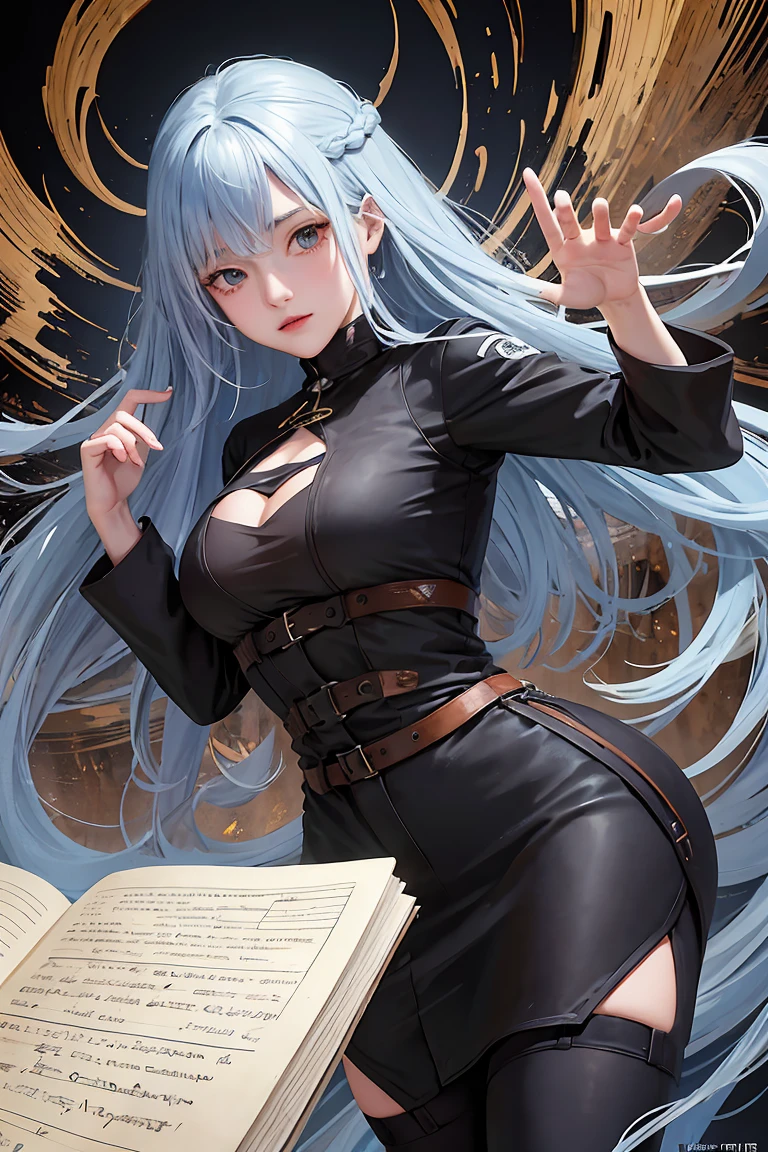 Hinata Hyuuga, paint scraps, sketchbook, hand drawn sketch, dark figure, sand, realism, Tuscany, การผสมผสานระหว่างthick linesสีเข้มและเส้นหลวม, thick lines, On paper, rotating character sheet, woman, whole body, Mysterious symbols, Speeches, Dark environment, His wavy blue hair was partially braided., beautiful, charming, ropa de cuero acolchado con Speeches bordadas, modestas botas de cuero bordadas con Speeches fondo oscuro, Nice details, thick lines, distorted background