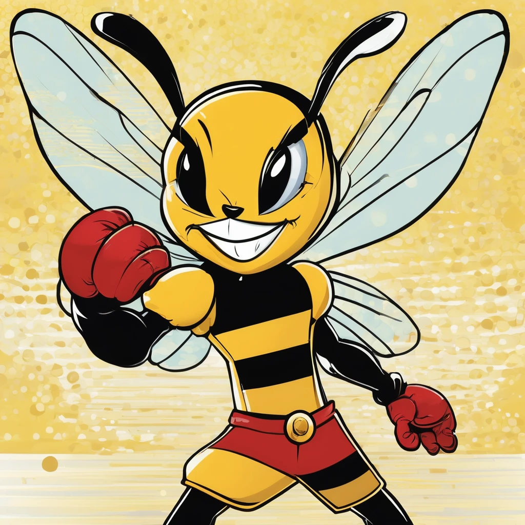 "Illustration d'une abeille en style cartoon , looney tunes , tex avery ,L'abeille est debout, portant de grands gants de boxe rouges trés detaillé Elle a un air déterminé et confiant, avec de grands yeux expressifs et un léger sourire. Son corps est rayé de jaune et de noir, avec des ailes transparentes. The background is simple, mettant en valeur l'abeille comme le personnage principal."