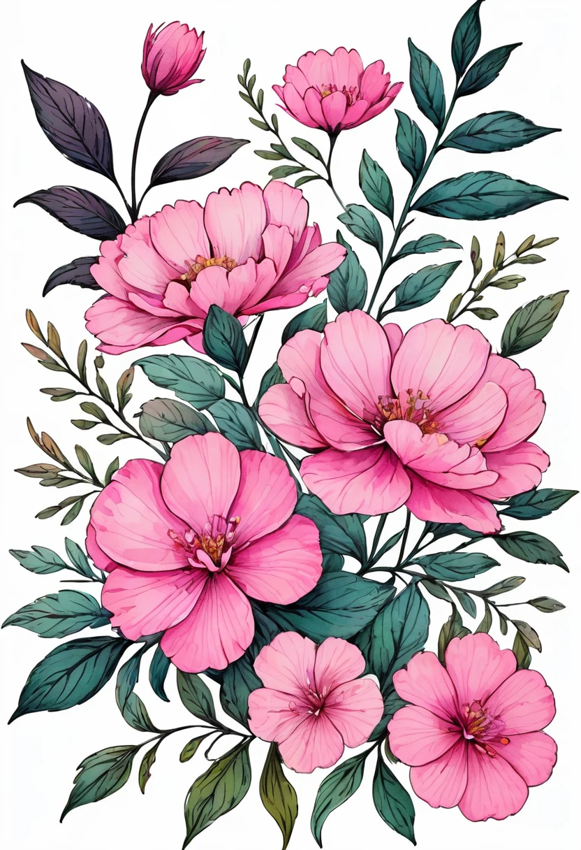 Linear drawing with pink flowers and leaves in watercolor style, On a white background!!
This is all right!!!. With good quality!. A little small to fit in the margins!!!.
