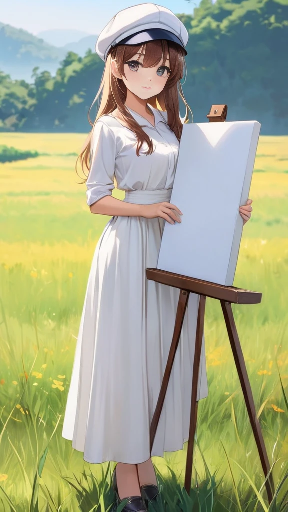 1 Female, Beautiful, Humble, Kind, long hair upper waist Stright, black pupil eyes colour, wear white plain colours Newsboy Cap, White Drees flowing with skirt, holding brush stand front blank stand canvas, Open grassland background in the morning.