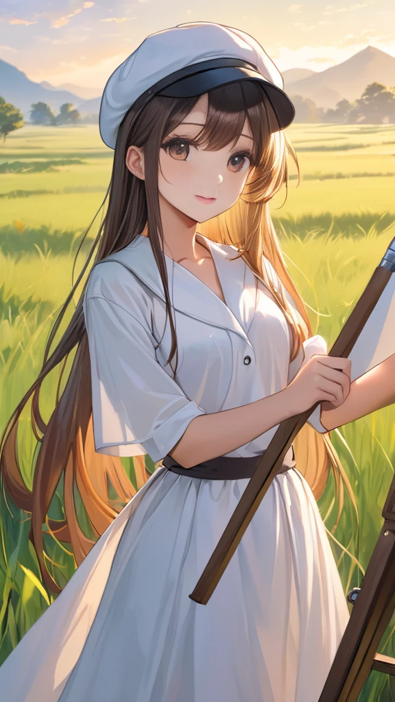 1 Female, Beautiful, Humble, Kind, long hair upper waist Stright, black pupil eyes colour, wear white plain colours Newsboy Cap, White Drees flowing with skirt, holding brush stand front blank stand canvas, Open grassland background in the morning.