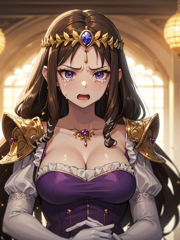 ((Crying)),((Angry)),((Purple blouse)),((close up of face)),((Dark brown hair)),Anime art style,masterpiece,(Highest quality), ((Scared)),(Very detailed),(Very delicate and beautiful),(alone),,(Detailed face and eyes),Beautiful eyes like jewels,(A truly gorgeous jeweled ruffled rococo ball gown dress),(((Mature Woman,Queen)))),((crinoline)),Absolutely gorgeous highly detailed rococo ball gown dress with ruffled voluminous full length hoop skirt,((Long Straight Hair)),(),Cleavage,length_gloves,Very gorgeous hair accessory、,((Gorgeous Glitter Jewelry)),