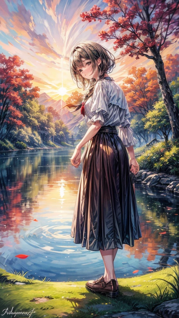 Impressionist Watercolor Landscape,Depicted (paddy) , The setting sun creates a colorful canvas in the sky,and reflects its light onto the surrounding leaves and calm waters., Ancient dwellings, Calm river, Sunset , vibrant Sunsets, Lush nature, twilight, Beautiful texture, Lush leaves, peaceful, Reflections in water, Warm colors, With a big stroke of the pen, Dreamy atmosphere, Gradient sky, Soft lighting, Artistic Impression