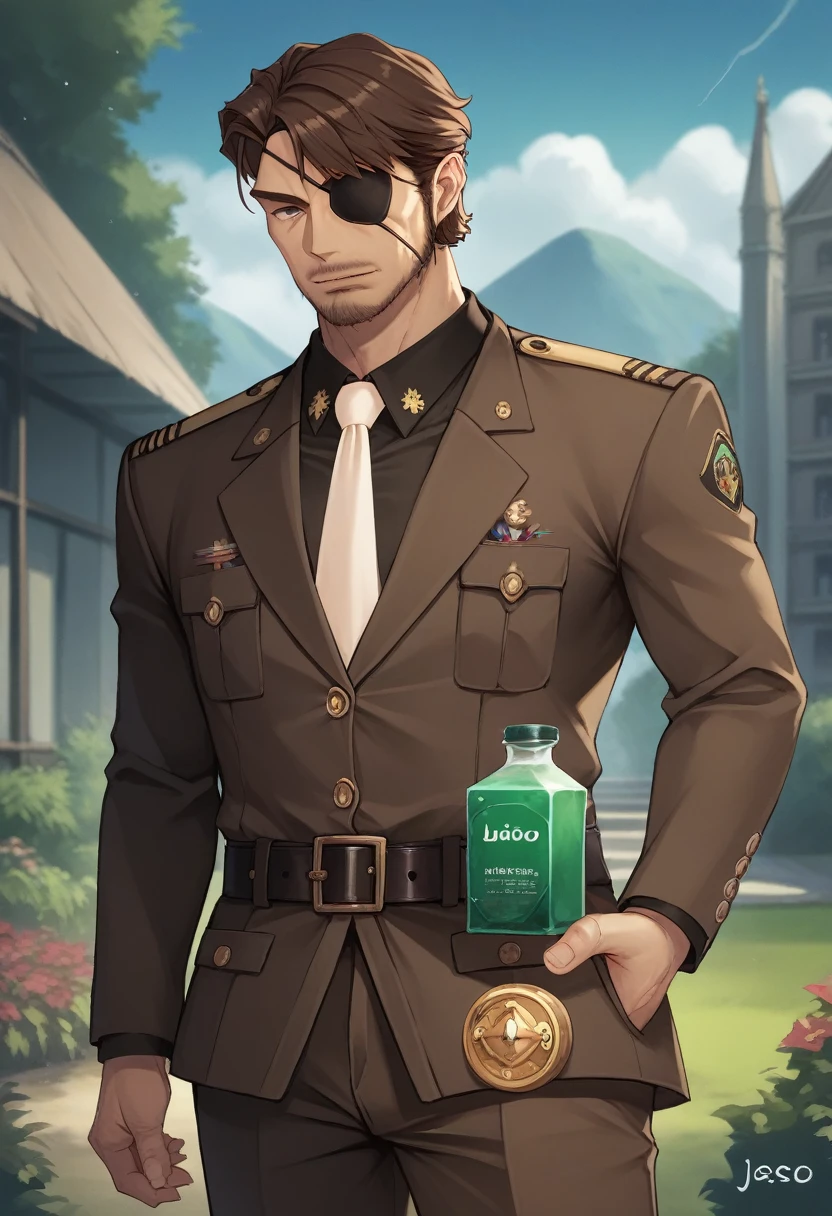 score_9, score_8_superior, score_7_superior, sauce_Anime BREAK Jero Ansen, Mature Men, Brown Hair, black eye, Facial hair, Brown jacket, White tie, belt, Brown pants, indoor, Are standing, uniform, A metal eyepatch with a jewel set in the center