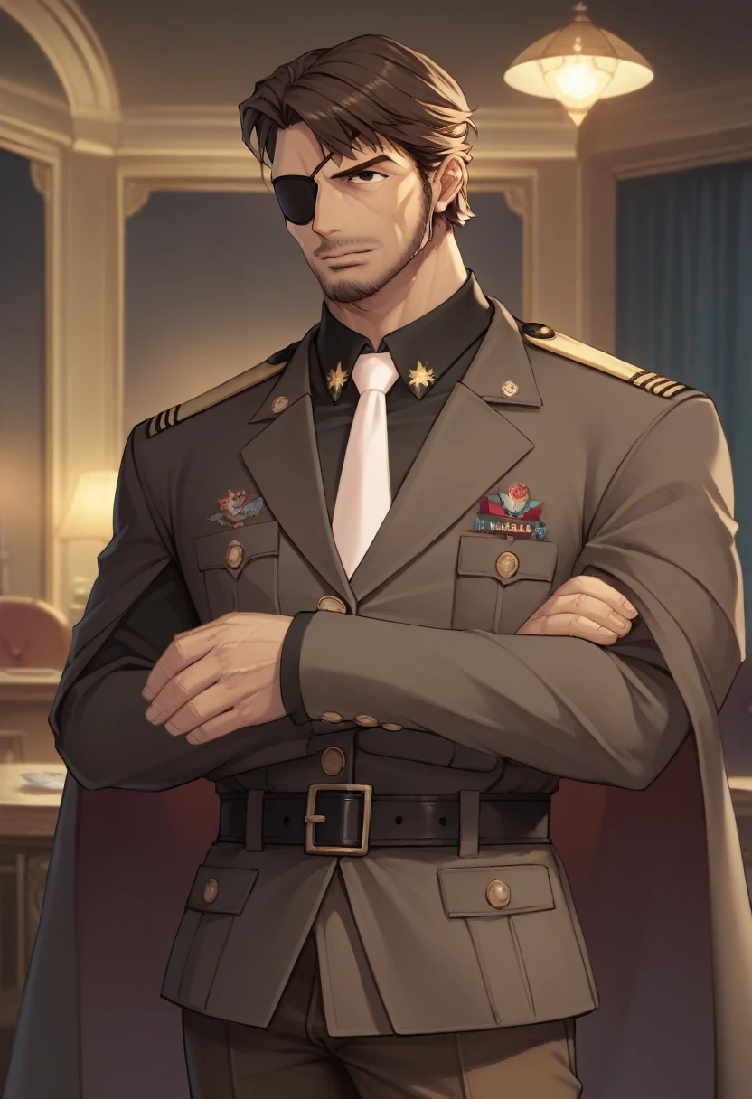 source_9,source_8_up,source_7_up,jeloandersen,indoors,solo,mature male,brown hair,blue eyes,facial hair,military uniform,white necktie,brown jacket,belt,brown pants,cigar,<lora:Andersen-JeloXL:1>,