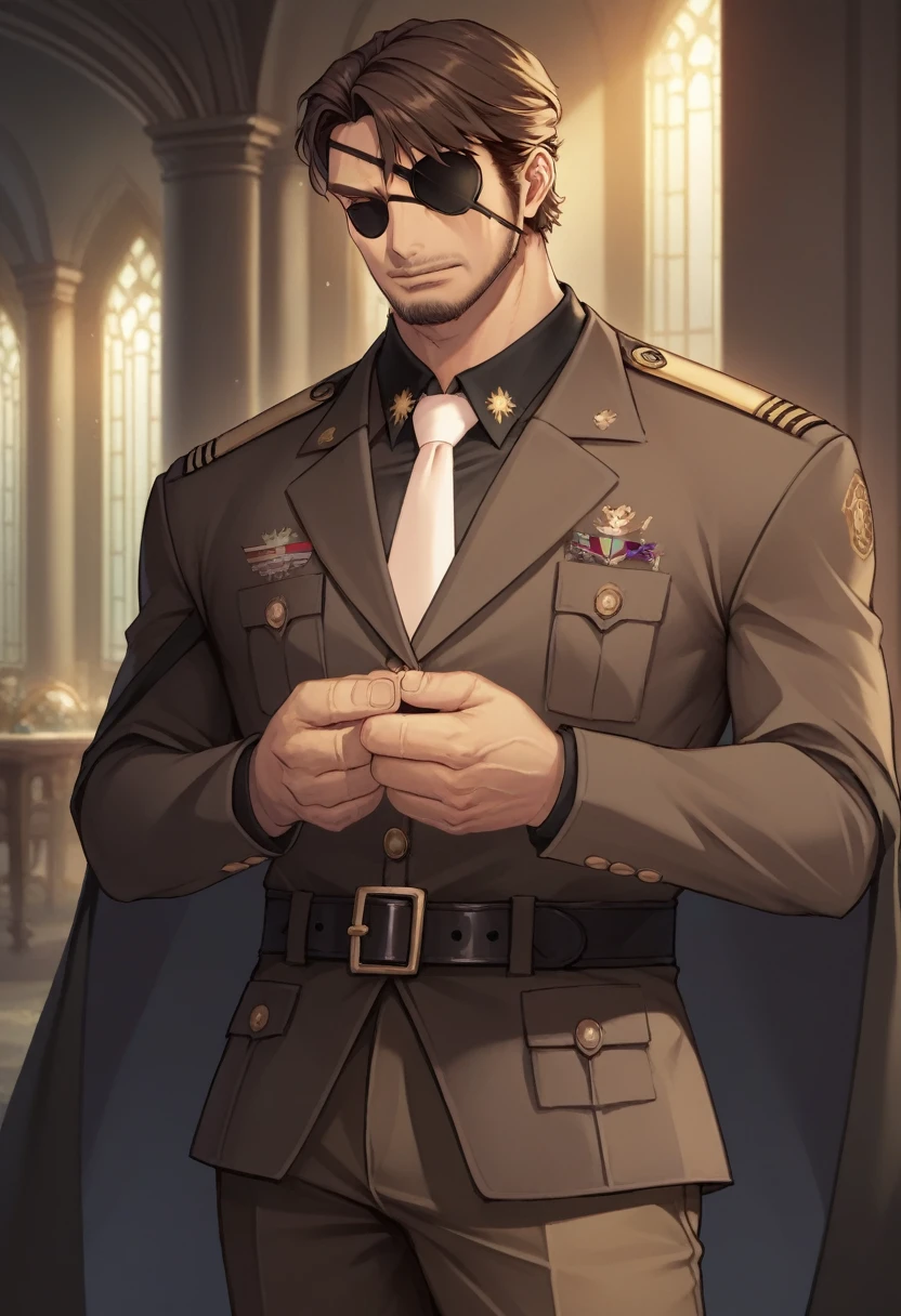score_9, score_8_superior, score_7_superior, sauce_Anime BREAK Jero Ansen, Mature Men, Brown Hair, black eye, Facial hair, Brown jacket, White tie, belt, Brown pants, indoor, Are standing, uniform, A metal eyepatch with a jewel set in the center