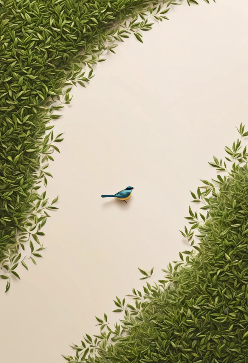 beautiful minimalist illustration, minimalist art, bird's eye view, tea leaves, minimalist style, serene, calming, natural, peaceful, elegant, clean lines, simple composition, soft lighting, muted colors, warm tones, (best quality,4k,8k,highres,masterpiece:1.2),ultra-detailed,(realistic,photorealistic,photo-realistic:1.37)