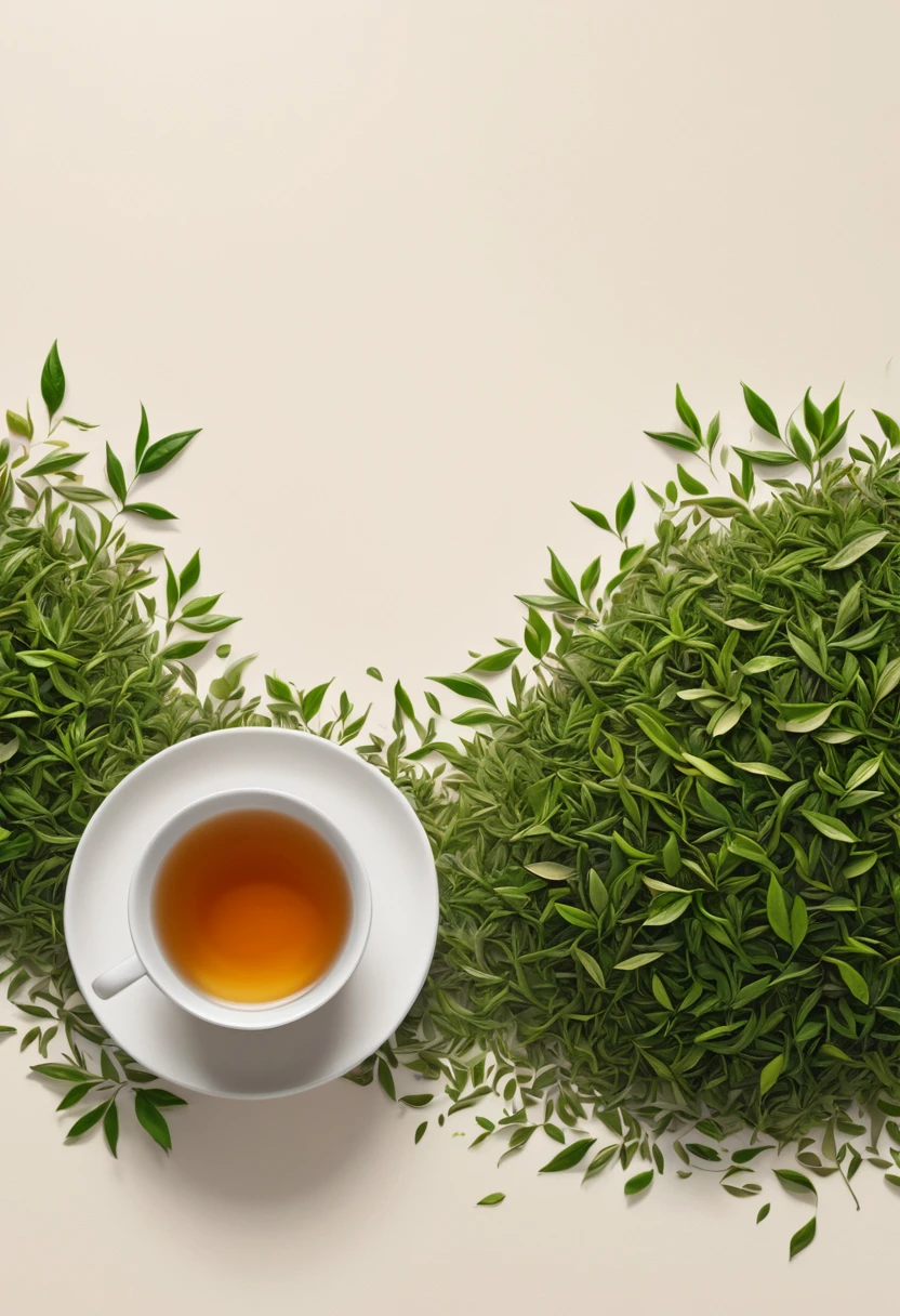 beautiful minimalist illustration, minimalist art, bird's eye view, tea leaves, minimalist style, serene, calming, natural, peaceful, elegant, clean lines, simple composition, soft lighting, muted colors, warm tones, (best quality,4k,8k,highres,masterpiece:1.2),ultra-detailed,(realistic,photorealistic,photo-realistic:1.37)