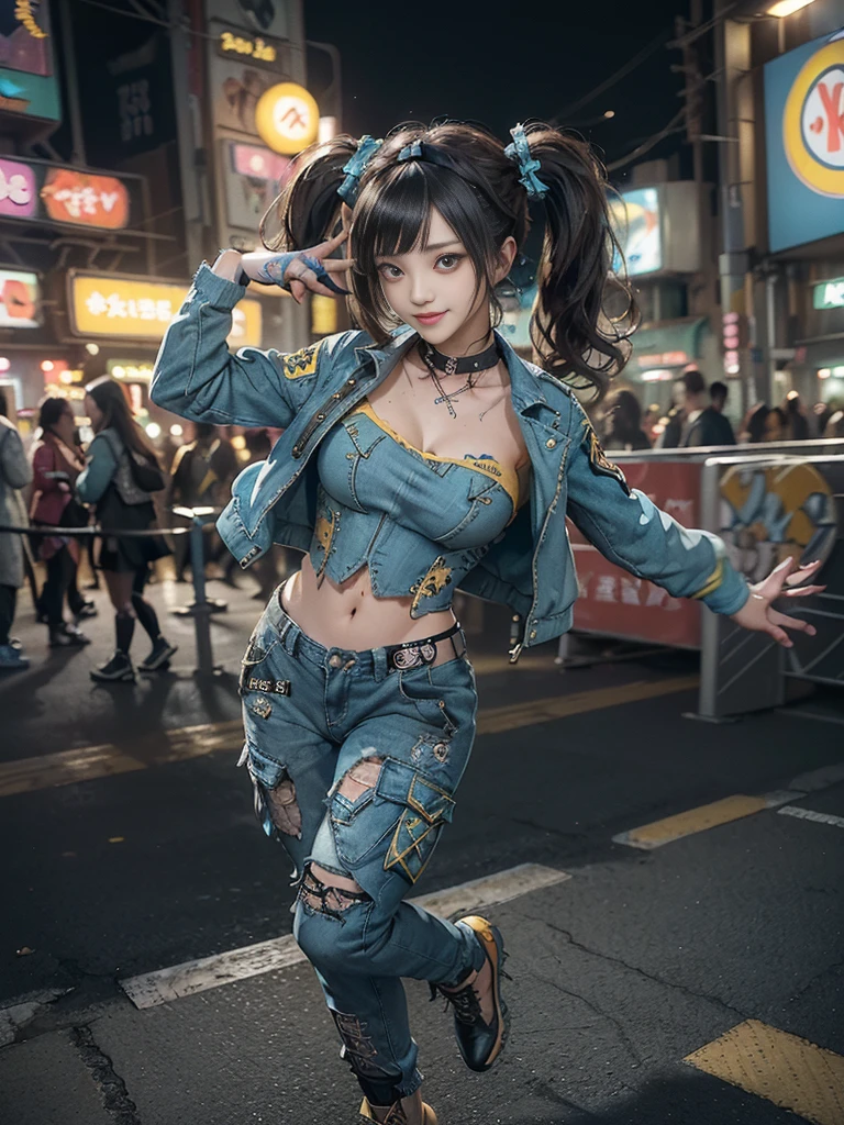 (Full body image:1.3)、(Side view:1.1)、(hostess:1.3)、(Smiling with teeth showing:1.3),(Shibuya Gal:1.5)、(Y2K Woman:1.4)、(Lolita Fashion:1.5)、(Punk rock visual kei:1.4)、(Modern black and yellow military short jacket:1.5)、(Low rise cargo pants in tattered brown and turquoise denim:1.5)、(Mustard yellow headband:1.3)、(Yellow and blue corset:1.4)、collar、(Brown thick-soled long boots)、(Logo-patterned clothing:1.4)、20-year-old、(Doing an aerobics pose:1.3)、Browsing Caution,((Highest quality、In 8K、masterpiece:1.3))、Sharp focus:1.2、(Layered Cut、Huge boobs:1.1),Beautiful woman with perfect figure:1.4、(Doing an aerobics pose:1.3)、(Leg spread:1.3)、(Raise your arms:1.2)、(Open your legs:1.3)、Slim Abs:1.2、Butt、Highly detailed face and skin texture、Fine grain、double eyelid,(Twin tails:1.3)、(Black brown hair:1.3)、Dynamic pose、Obscene pose、Humiliating pose、Idol Sculpture、(A luxurious amusement park at night:1.3)、(Slimming your legs:1.4)、(The body is slim:1.3)、(clavicle:1.1)