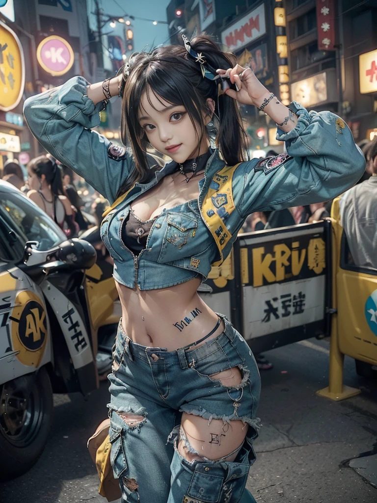 1 girl、Tokyo Street、Cityscape、Upper body、Close-up、Laughter、、Raw photo、Highest quality、masterpiece:1.2)、(Realisticな、Photorealistic:1.37)、Highly detailed eyelash drawing、(((Best image quality))),Great tit、Fine skin, (Beautiful Hair), (perfection Anatomy), (Realistic), (Dynamic Angle), Seductive pose,perfection,Sensual look、Highest quality、High resolution、Smile、JoJo's Bizarre Adventure-style costume and pose、Colorful and innovative costumes