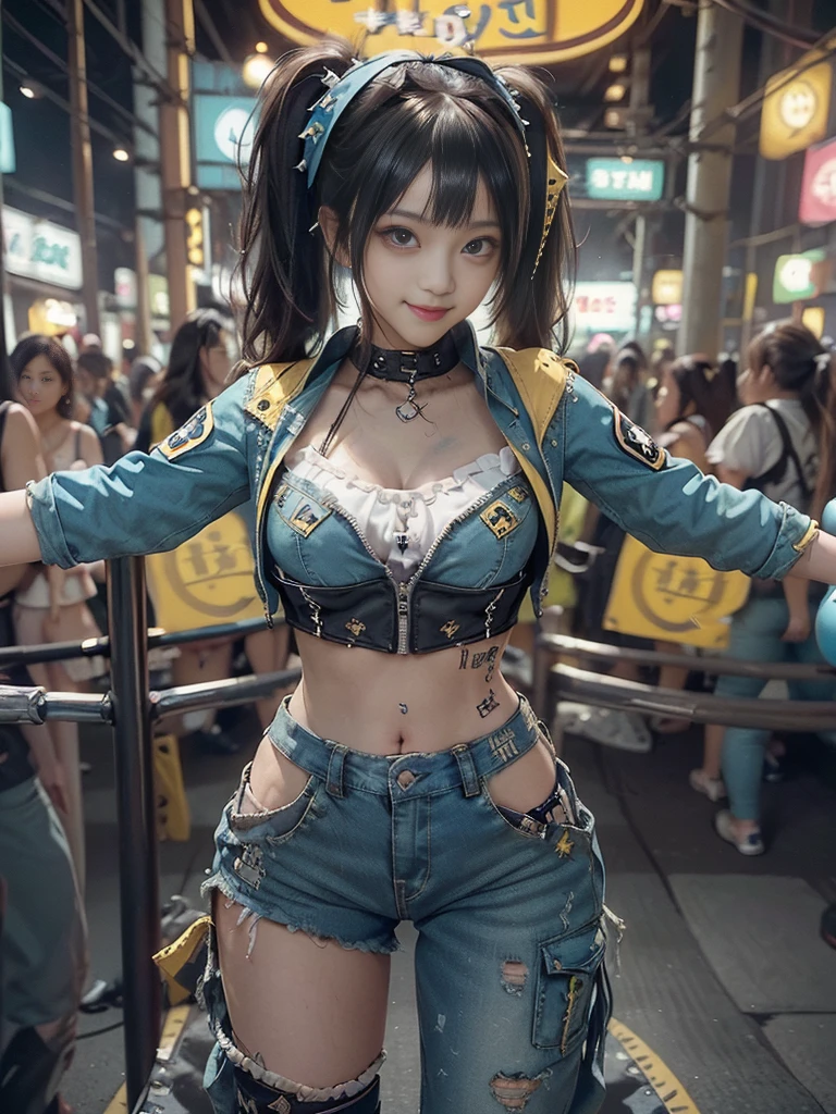 (Full Body View:1.3)、(Side view:1.1)、(Hostess:1.3)、(Smiling with teeth showing:1.3),(Shibuya Gal:1.5)、(y2k woman:1.4)、(Lolita Fashion:1.5)、(Punk RockVisual Kei:1.4)、(Modern short jacket in blue and yellow:1.5)、(Tattered brown and turquoise denim low rise cargo pants:1.5)、(Mustard Yellow Headband:1.3)、(Yellow and blue corset:1.4)、collar、(Brown platform long boots)、(Clothing with logo pattern:1.4)、20-year-old、(Doing an aerobics pose:1.3)、NSFW,((Highest quality、In 8K、masterpiece:1.3))、Sharp focus:1.2、(Layered Cut、Huge boobs:1.1),Beautiful woman with perfect figure:1.4、(Doing an aerobics pose:1.3)、(Open legs:1.3)、(Raise your arms:1.2)、(Open your crotch:1.3)、Slender Abs:1.2、Butt、Highly detailed face and skin texture、Detailed eyes、double eyelid,(Twin tails:1.3)、(Black brown hair:1.3)、Dynamic Pose、Obscene pose、Humiliating pose、Gravure idol、(Luxurious amusement park at night:1.3)、(Make your legs thinner:1.4)、(Slim body:1.3)、(clavicle:1.1)