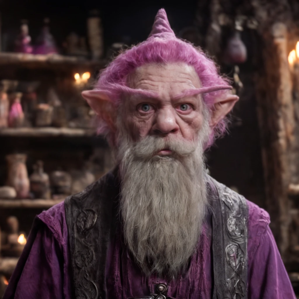 (masterpiece)+, (extremely (realistic)+,a portrait of a extremely ugly male gnome arch-mage, pink hair, pink bushy brush-like brows, pink wizard cap. child-like facial fatures, troll kid toy facial proportions, skin imperfections. massive silver beard, proud self-assured stare. Looking at camera. volumetrics dtx, Photorealistic, ultra detailed, Artstation trending, very very detailed, realistic shaded lighting, dynamic shadows, detailed Arcane laboratory background, upper body, professional photograph of a detailed skin, sharp focus, dramatic, award winning, cinematic lighting, octane render, unreal engine, volumetrics dtx, Photorealistic, ultra detailed, Artstation trending, very very detailed, hyperrealistic, fine details, realistic shaded lighting, dynamic shadows, Arcane laboratory background, add_detail:1, skin pores and wrinkles, details.,