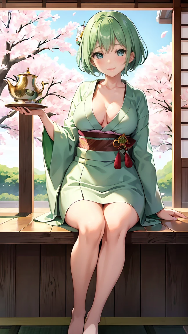 Girl with short green hair, Small breasts, Green Eyes, White Casual Wear Beauty Special、(((tits))),Full body photo from head to toe、Kimono、Patterned Japanese clothing、Cherry tree in full bloom、Fluttering petals、Tea Ceremony、Graceful Manners、Tea party、Chatting in a Japanese-style room