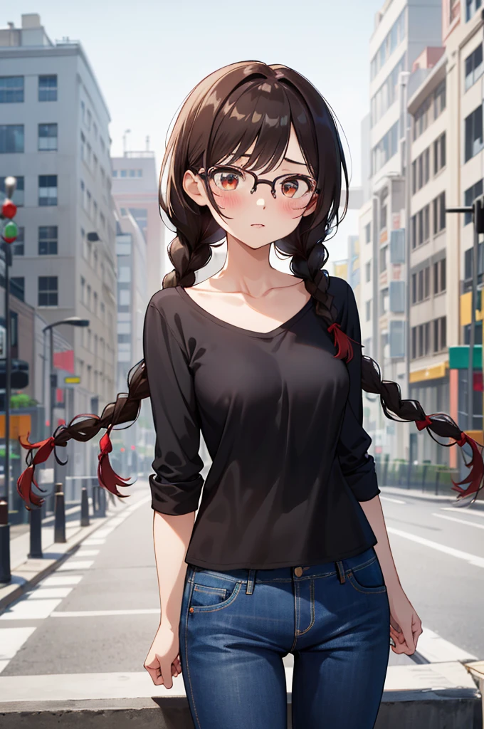 masterpiece, best quality, highres, aachizuru, long hair, twin braids, twintails, glasses, collarbone, black shirt, long sleeves, pants, jeans, standing, cowboy shot, outdoors, building, arms at sides,(nsfw)