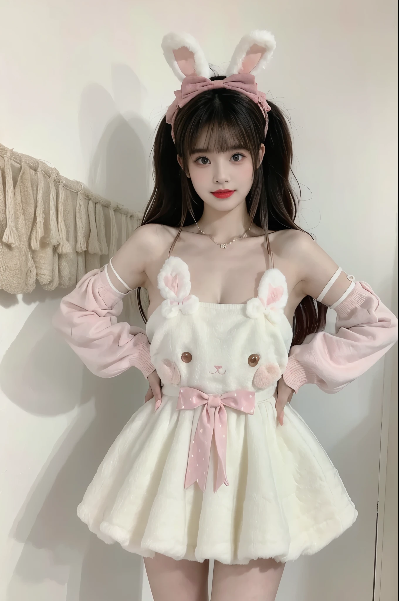 cyb dress,rabbit dress,white dress,rabbit skirt,shirt,animal print shirt,long sleeves,bow,pink bow,rabbit ears,rabbit print beauty, beautiful女人，Have a perfect body：1.4，Layered Hairstyle，((Large Breasts)), ((D cup)), Visible cleavage，Bare shoulders, Highly detailed face and skin texture，Double eyelids，Skin Whitening，Long hair，Whitening long legs，Standing by the sea, Fashion Girl, Red lips, Sweet Girl, beautiful妆容, detail, lifelike, Very detailed, Astonishing, beautiful, Young and energetic, high quality，HD, Colorful，Beautifully, Smooth skin, The skirt is very short, Lifting the skirt with hands, Elegant and charming gesture, Official Art, Extremely detailed, Movie atmosphere, Soft colors, Natural skin texture,