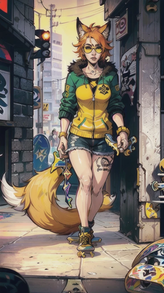 Masterpiece, ultra-detailed, (1girl, solo, Skinny fox girl, yellow sunglasses, green jacket, black shorts, yellow sneakers, orange hair, fox tail), ((holding skateboard in hands, holding in hands, grab objects :1.5)), (detailed clothes, detailed fur texture, detailed face), (cyberpunk, city background, detailed background), intricate details