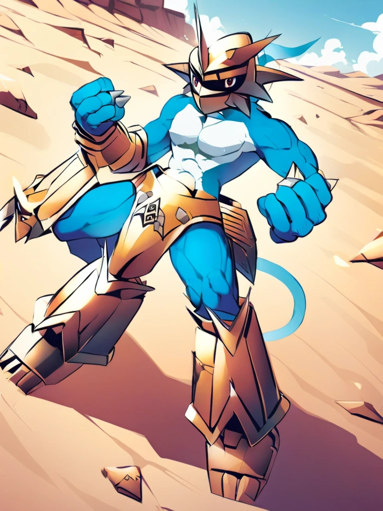 solo,Magnamon,tall, blue and white skin,(battle damaged:1.5),(topless Magnamon:2.5),(armor fragments:1.5),(shirtless:1.5), fighting_stance, in desert ,full_shot