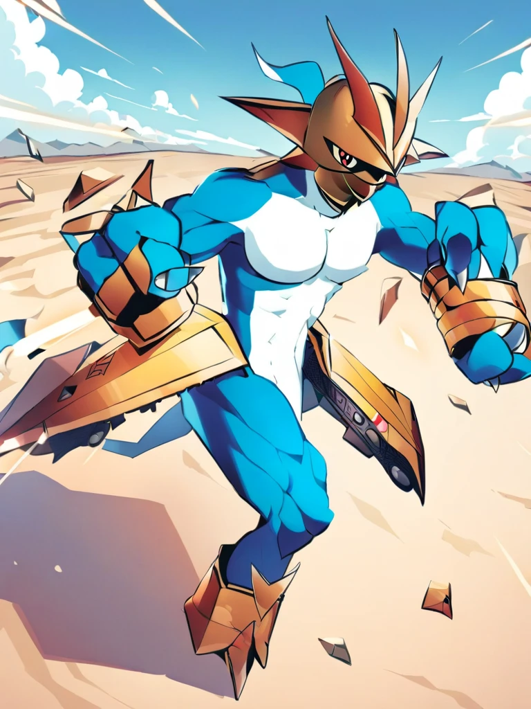 solo,Magnamon,tall, blue and white skin,(battle damaged:1.5),(topless Magnamon:2.5),(armor fragments:1.5),(shirtless:1.5), fighting_stance, in desert ,full_shot