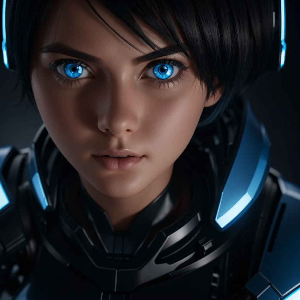 1girl, short black hair, blue eyes, robot body, close up, 8K, Hi-Res