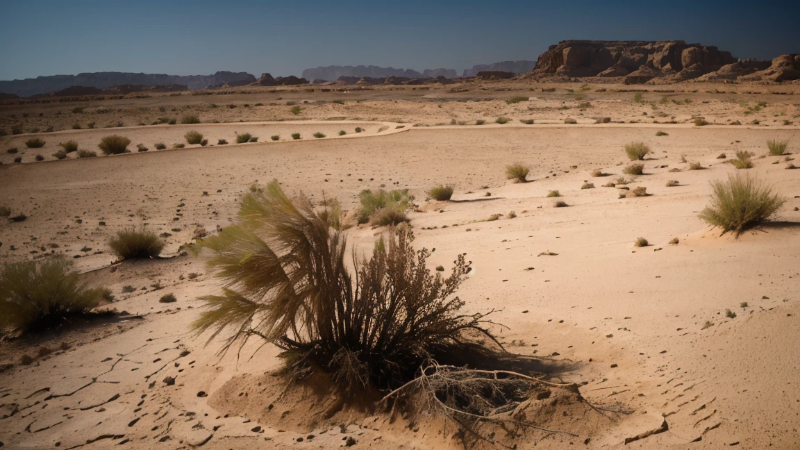 photo of dry desolate oasis in the sandy desert, Jenoptik JD 3.1 exclusive, High Contrast, 1ms shutter speed, Hard Lighting