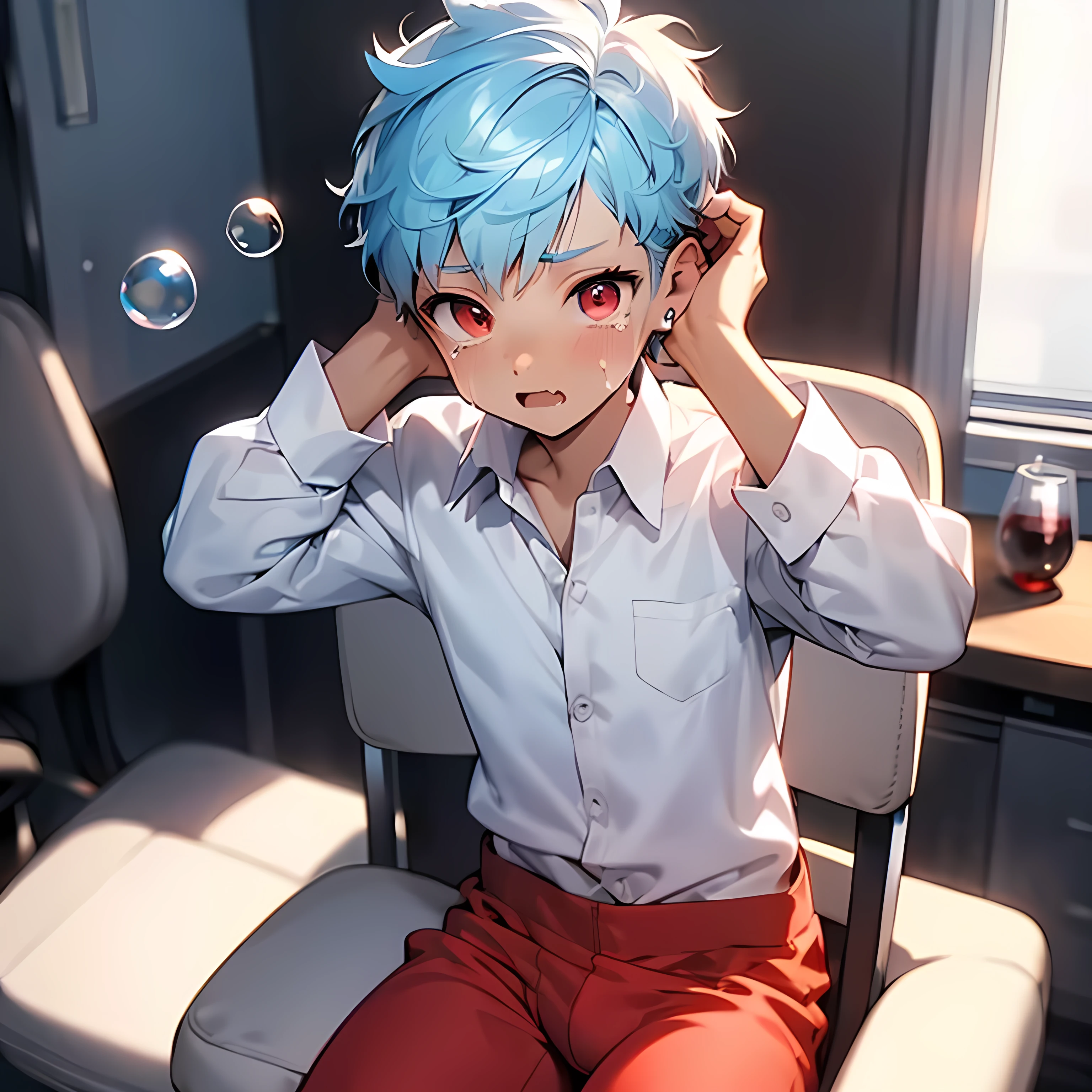 (boldline:-1.6), ((bubble)), (hands on his head:1.5), (sitting office chair:1.5), (((fang))), (((best finger))), BREAK (best quality:1.5), (absolutely resolution:1.5), (ultra detailed:1.5), (masterpiece:1.5), (perfect face:1.5), (detailed face:1.3), (detailed eyes:1.5), (best eyes:1.5), (cute face), (shota:1.7), BREAK (white dress shirts:1.5), BREAK (red pants:1.5), (bulge:1.6), (skinny:1.3), (spiked hair), BREAK (light blue hair:1.5), (wine red eyes:1.4), (eyes with highlight:1.5), ((mole under eye)), (sweaty skin), (crying), (anguish:1.5), ((earrings)), (shiny skin:1.3), BREAK (office), (bottle on desk), (silver computer), (sunlight), ((wind blowing)), (nipple), abs, groin, from below,