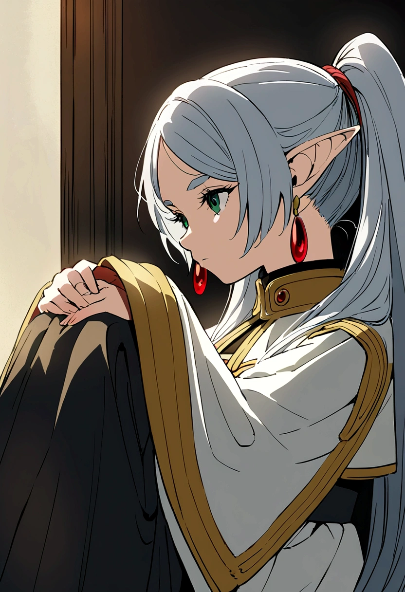 A highly detailed and expressive illustration of Frieren from the anime 'Frieren: Beyond Journey's End', sitting in a relaxed pose with her hands hidden behind her back, looking directly at the camera with a calm and contemplative expression, Frieren has long flowing silver hair styled in her usual twin ponytails each tied with a simple ribbon, her elf ears are long and pointed adorned with her signature red earrings that dangle elegantly, she has large expressive green eyes with a subtle shine framed by long lashes, her outfit is her traditional attire consisting of a long white robe with gold trim and detailed embroidery along the edges, underneath she wears a green tunic with a diamond-shaped pattern on the neckline paired with dark trousers, her clothing appears slightly worn indicating her long journey but still well-kept, the background is a solid contrasting color such as deep blue or black to facilitate easy recutting, with soft natural lighting highlighting her serene expression and the intricate details of her clothing and hair, the overall ambiance should reflect a sense of calmness and introspection capturing the essence of Frieren's character